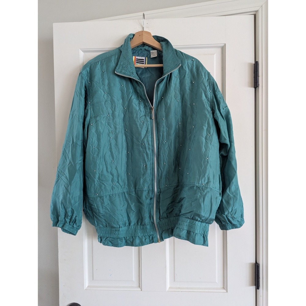 EVR Jacket Women Size M/ Large Teal Green 100% Silk Satin Div Rousso Bomber Coat